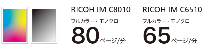 RICHO IM C8010はフルカラーとモノクロで80ページ/分、RICHO IM C6510はフルカラーとモノクロで65ページ/分