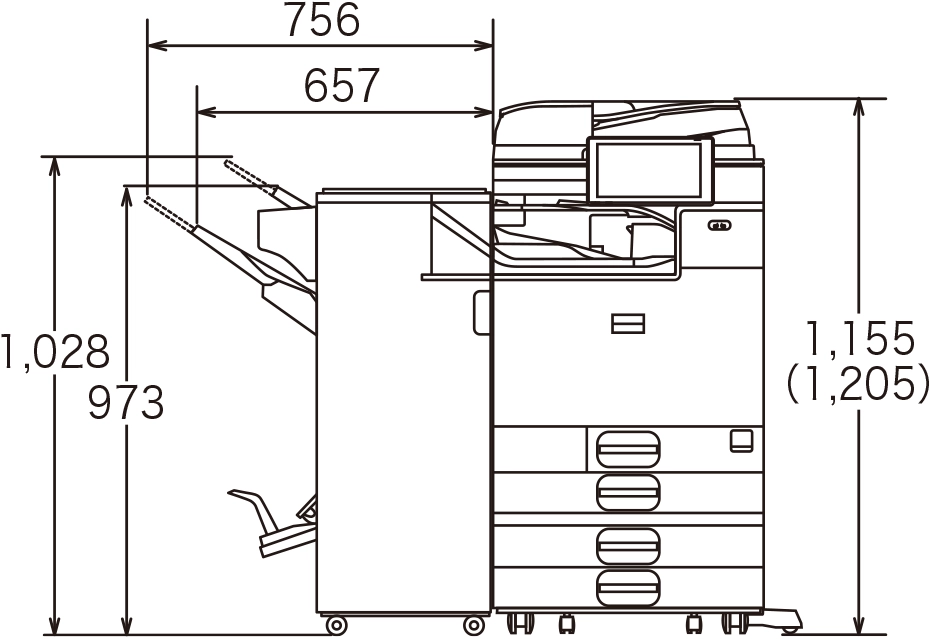 RICOH IM C4500F CEにオプションの中継ユニット BU3090、2000枚中綴じフィニッシャー SR3290CEを装着した場合の寸法図。本体高さ1155（1,205）mm、上トレイ使用時、2000枚中綴じフィニッシャー SR3290CEの最大高さ1028mm、シフトトレイ使用時、2000枚中綴じフィニッシャー SR3290CEの最大幅756mm