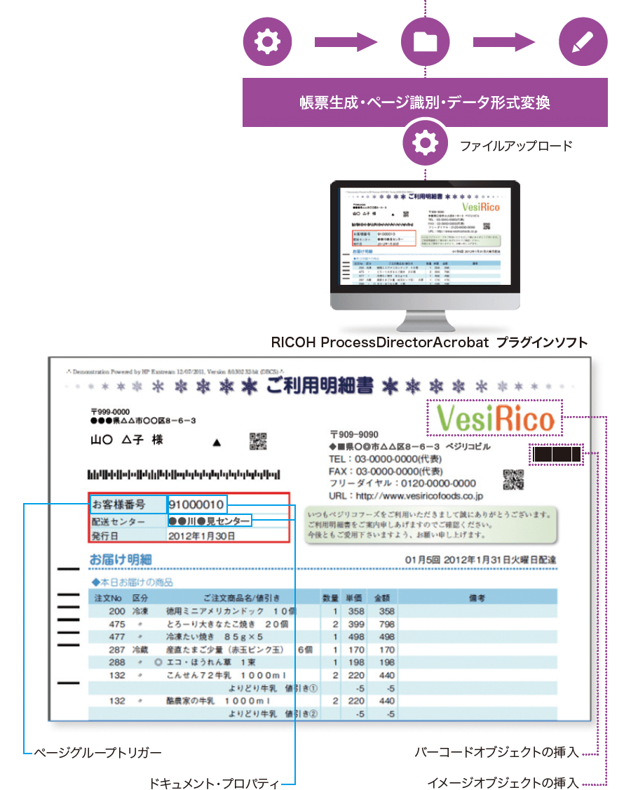 RICOH ProcessDirector Acrobat プラグインソフトはアップロードしたファイルから帳票生成・ページ識別・データ形式変換します。