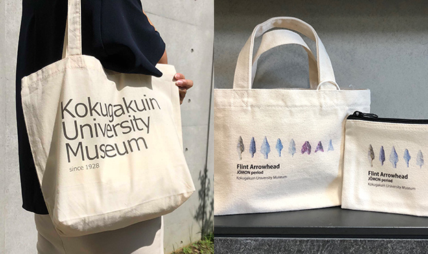 画像4：博物館の名前入りトートバック、矢じりを印刷したミニトート、ポーチ