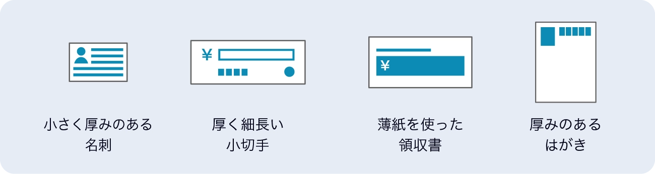 小さく厚みのある名刺、厚く細長い小切手、薄紙を使った領収書、厚みのあるはがきのイメージイラスト