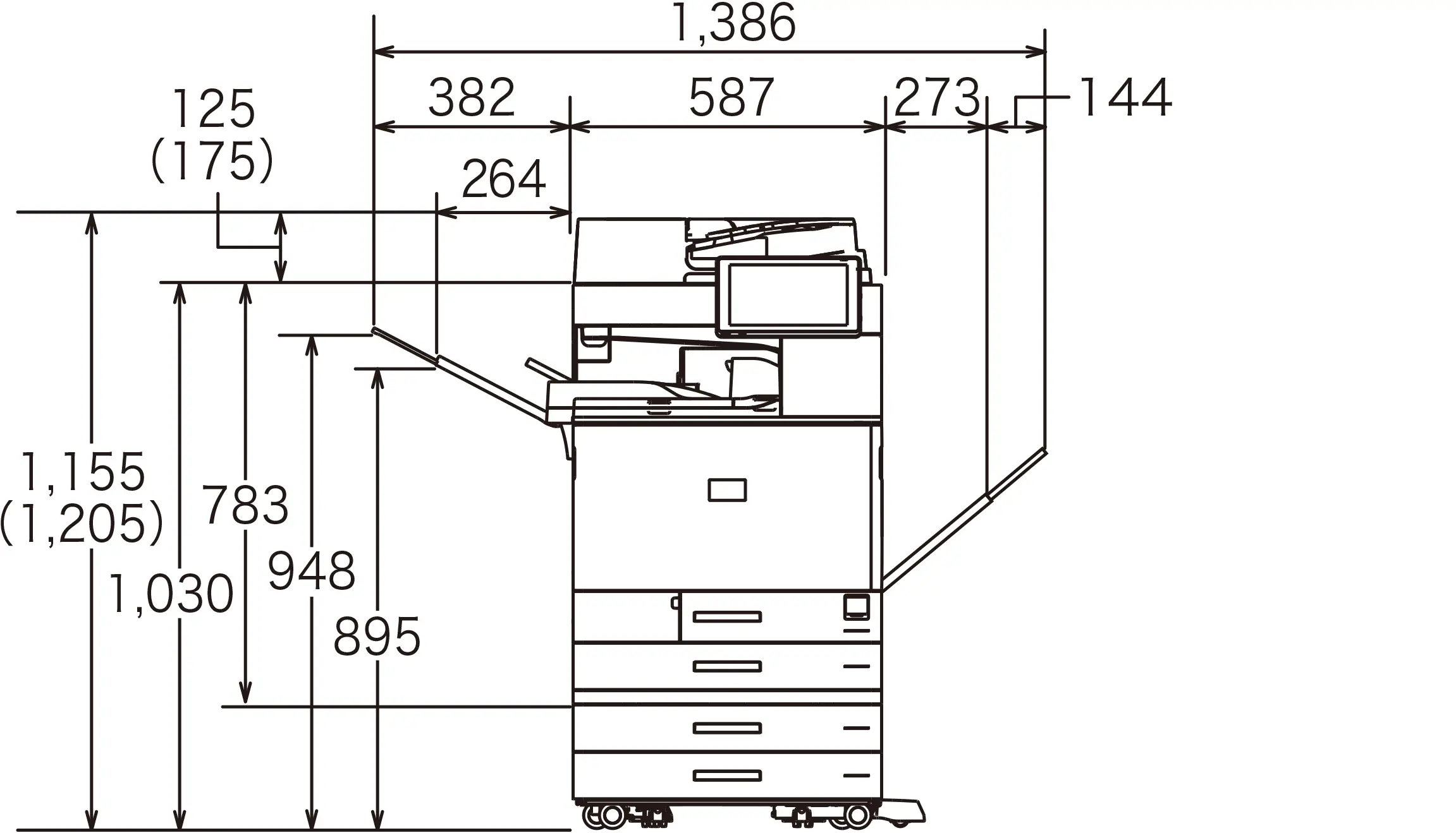 後述の内容を表した寸法図（本体正面図）。最大幅1,386mm、高さ1,155mm。