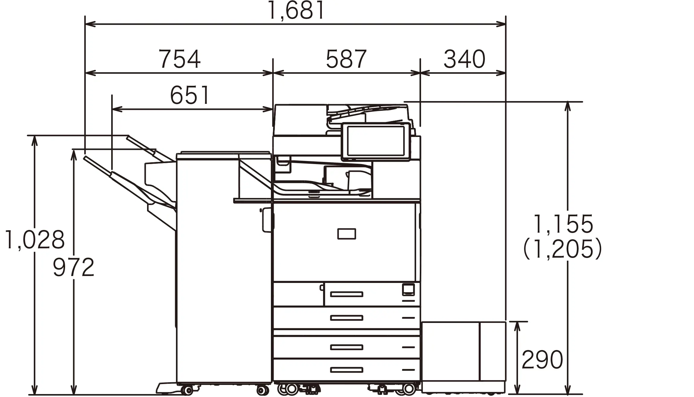 後述の内容を表した寸法図（本体正面図）。最大幅1,681mm、高さ1,155mm。