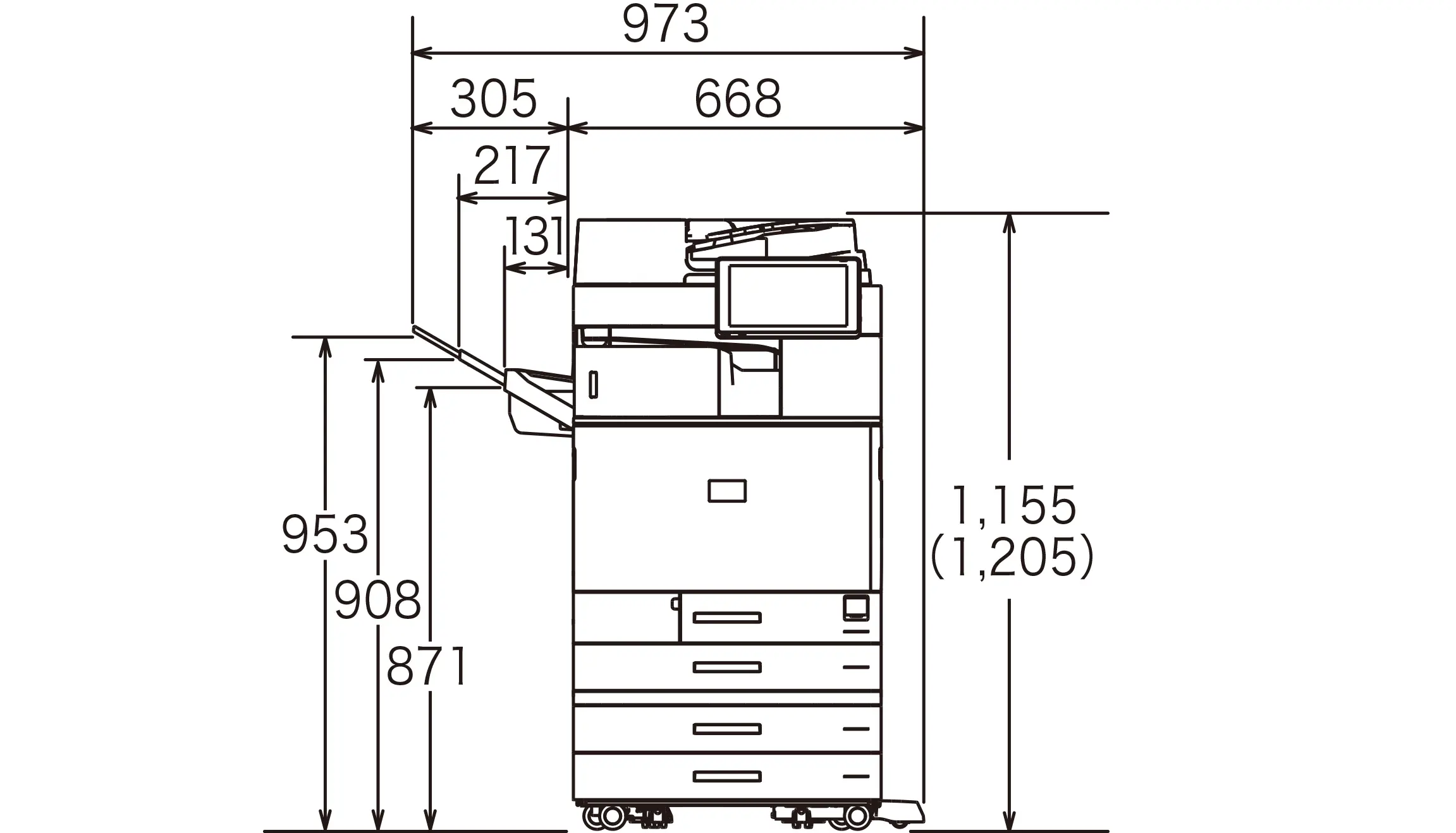 後述の内容を表した寸法図（本体正面図）。最大幅973mm、高さ1,155mm。