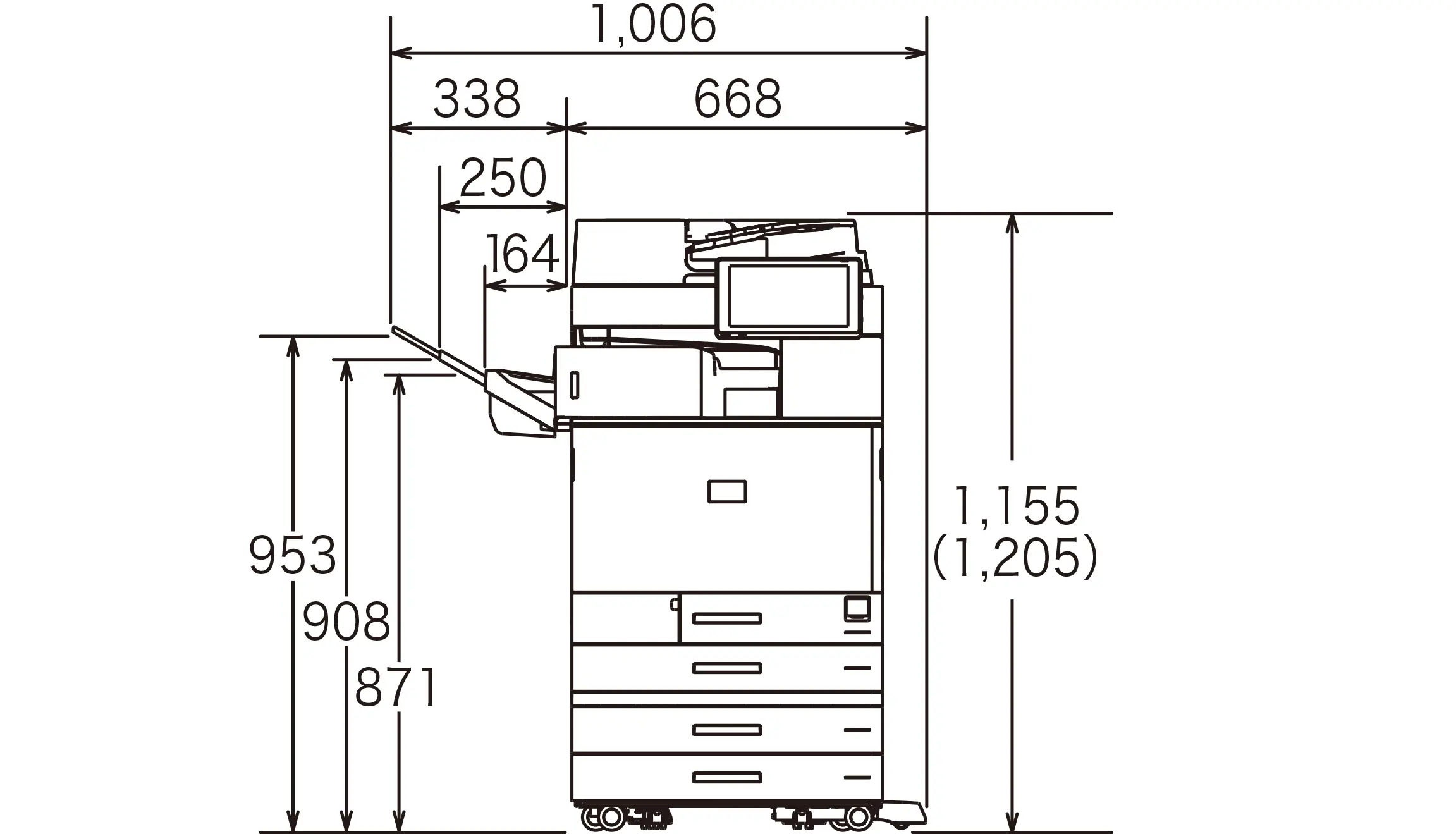 後述の内容を表した寸法図（本体正面図）。最大幅1,006mm、高さ1,155mm。