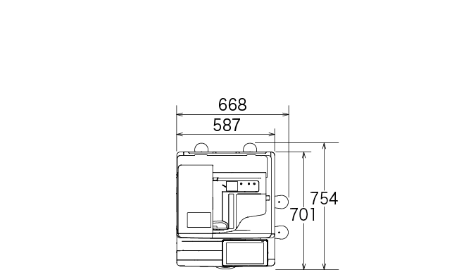 後述の内容を表した寸法図（本体上面図）。最大幅668mm、奥行754mm。