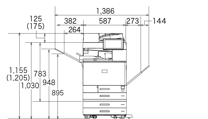 後述の内容を表した寸法図（本体正面図）。最大幅1,386mm、高さ1,155mm。