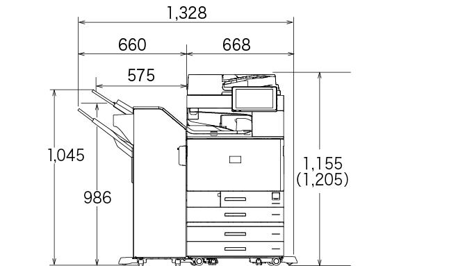 後述の内容を表した寸法図（本体正面図）。最大幅1,328mm、高さ1,155mm。