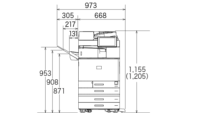 後述の内容を表した寸法図（本体正面図）。最大幅973mm、高さ1,155mm。