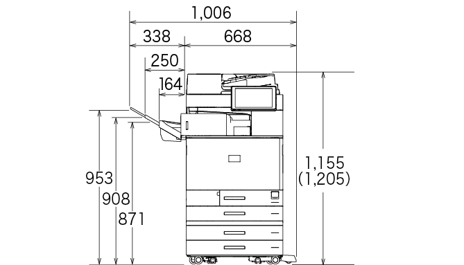 後述の内容を表した寸法図（本体正面図）。最大幅1,006mm、高さ1,155mm。