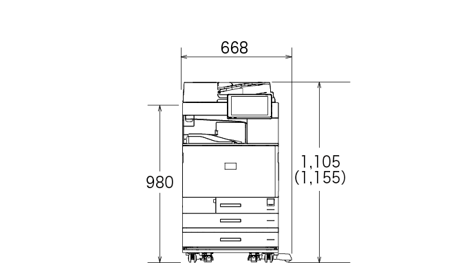 後述の内容を表した寸法図（本体正面図）。最大幅668mm、高さ1,155mm。
