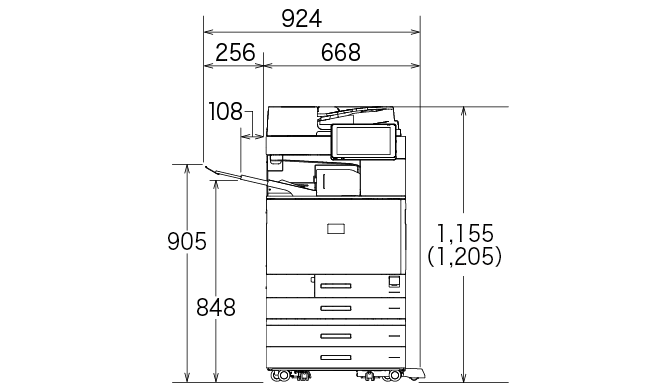 後述の内容を表した寸法図（本体正面図）。最大幅924mm、高さ1,155mm。