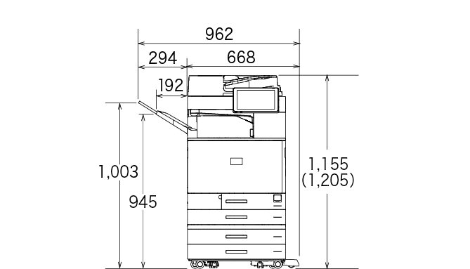後述の内容を表した寸法図（本体正面図）。最大幅962mm、高さ1,155mm。