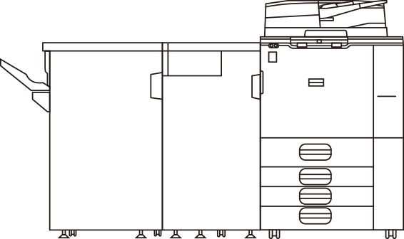 RICOH IM 8000 + フィニッシャー SR4140 + 紙折りユニット装着モデルの外観図