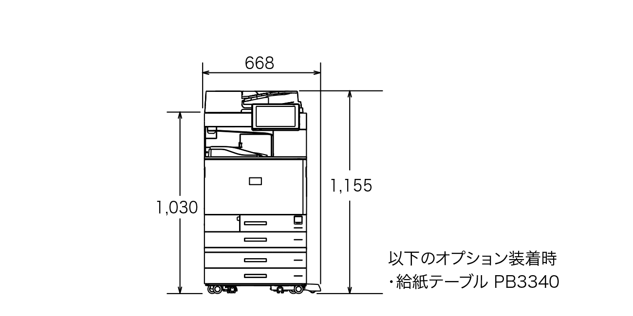 以下のオプション装着時の寸法図（給紙テーブル PB3340）