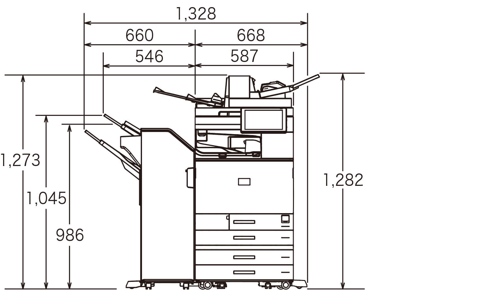 後述の内容を表した寸法図（本体正面図）。最大幅1,328mm、高さ1,282mm
