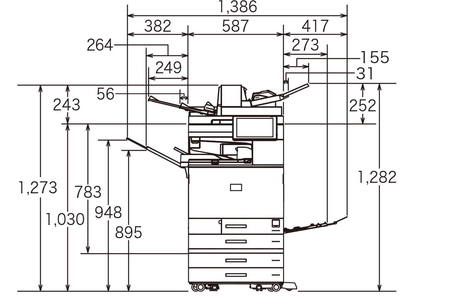 後述の内容を表した寸法図（本体正面図）。最大幅1,386mm、高さ1,282mm