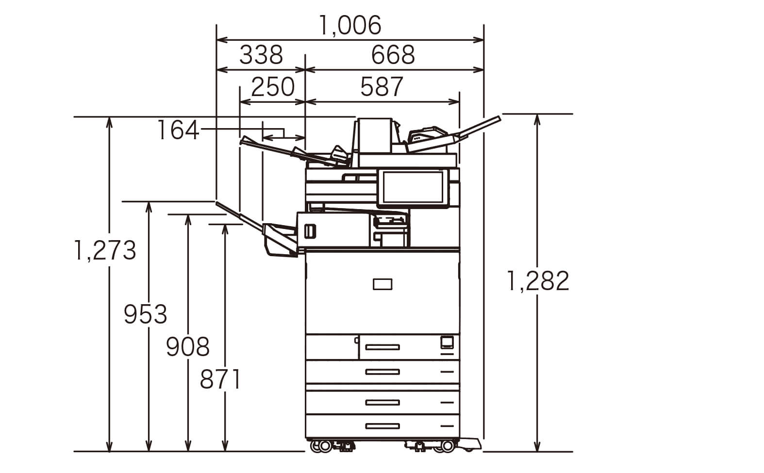 後述の内容を表した寸法図（本体正面図）。最大幅1,006mm、高さ1,282mm