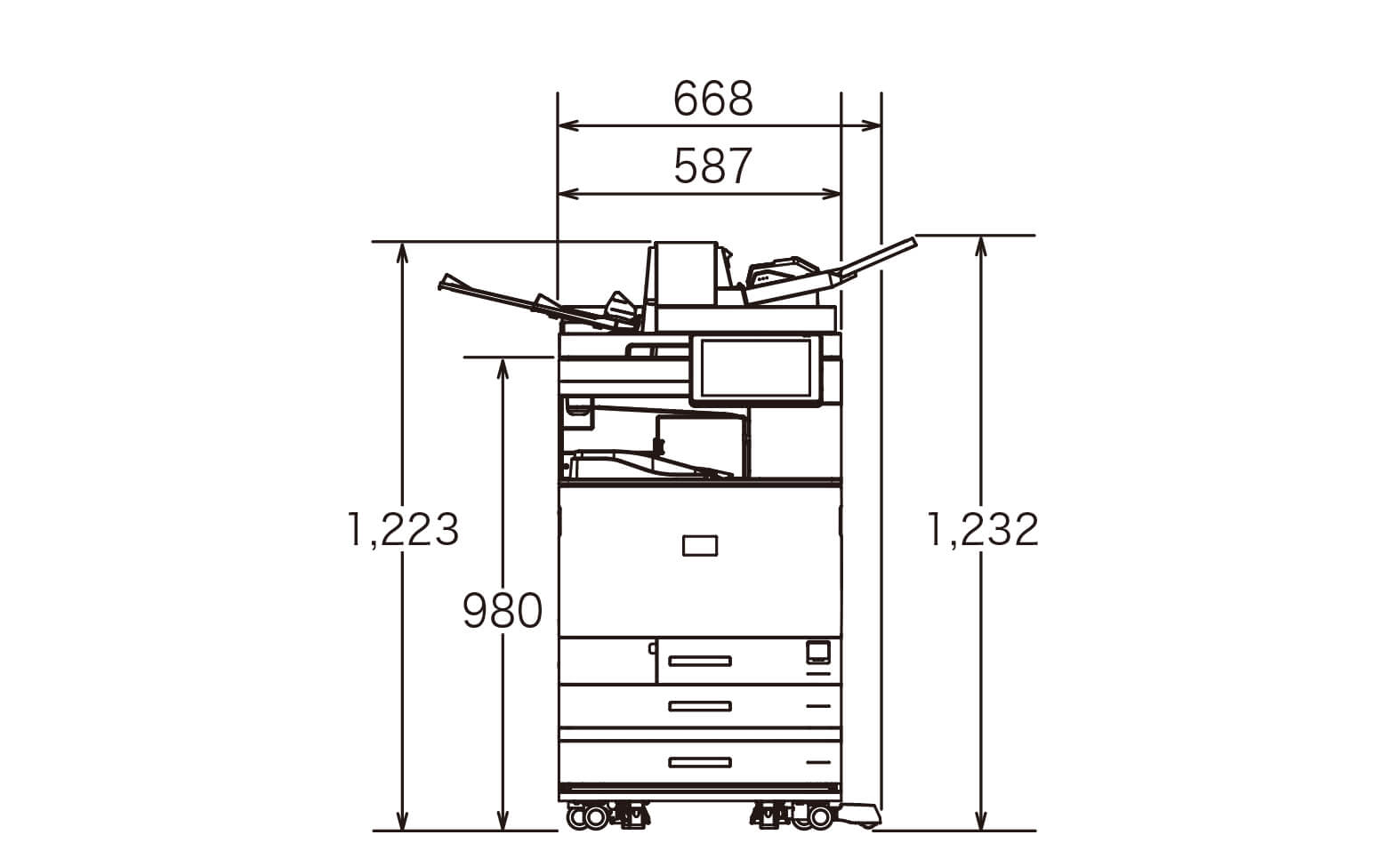後述の内容を表した寸法図（本体正面図）。最大幅668mm、高さ1,232mm