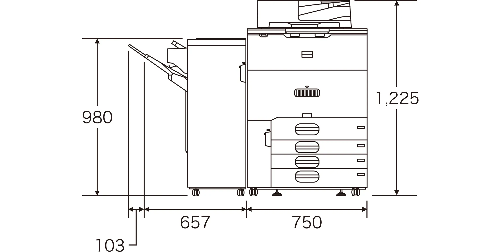 最大幅1,510mm、高さ1,225mm、フィニッシャー天面までの高さ980mm