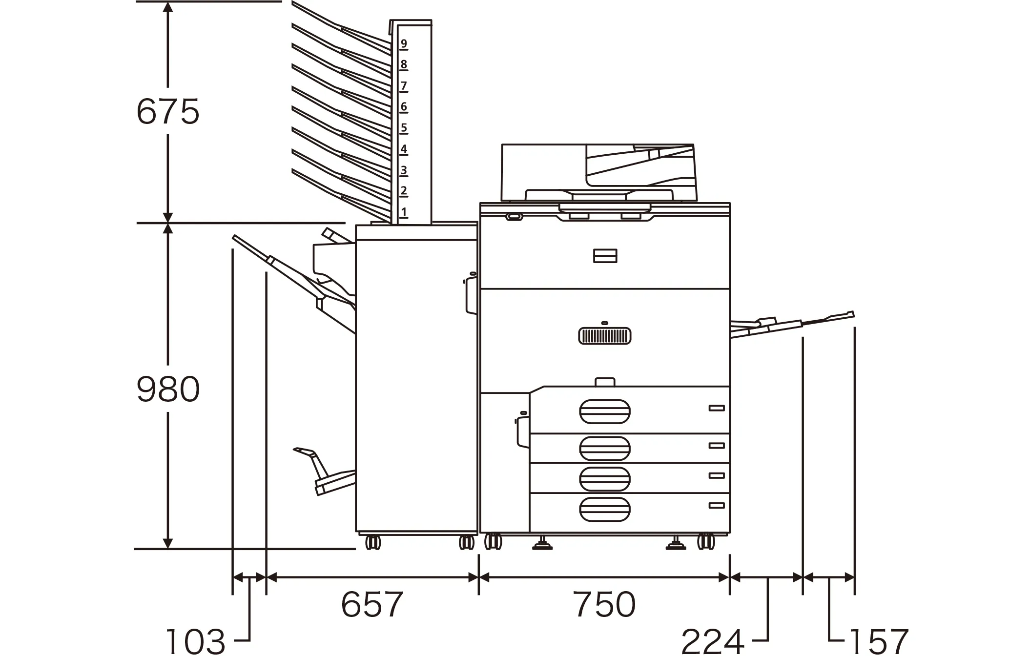 最大幅1,891mm、プリントポスト含む高さ1,655mm、フィニッシャー天面までの高さ980mm