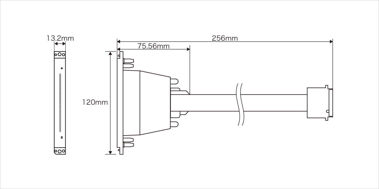 幅：約120ミリメートル、奥行：約13.2ミリメートル、高さ：約75.56ミリメートル。全長（ケーブル含む）256ミリメートル（標準）