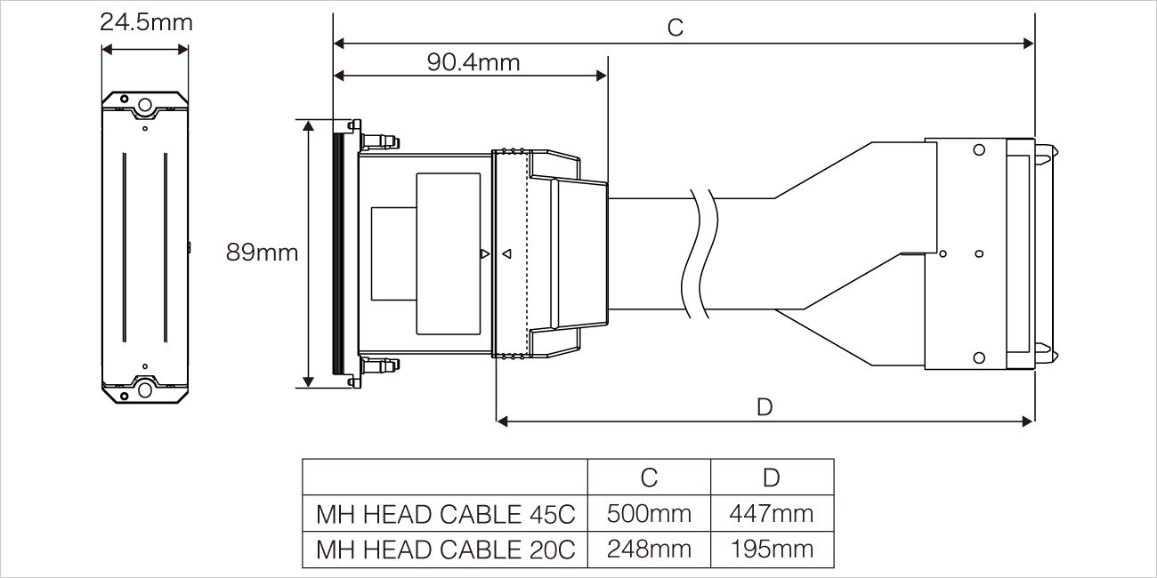 幅：約89ミリメートル、高さ：約24.5ミリメートル、奥行：約66.3ミリメートル。全長（MH ヘッドケーブル 45C含む）：500ミリメートル、D：447ミリメートル。全長（MH ヘッドケーブル 20C含む）：248ミリメートル、D：195ミリメートル