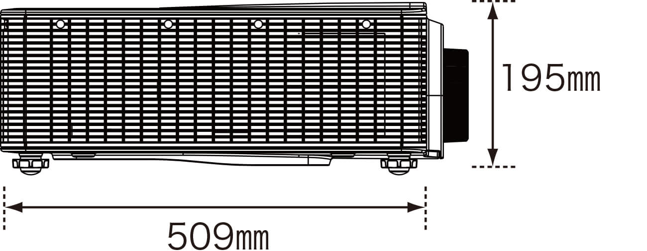 本体側面：高さ195ミリメートル、奥行き509ミリメートル（突起部含まず）