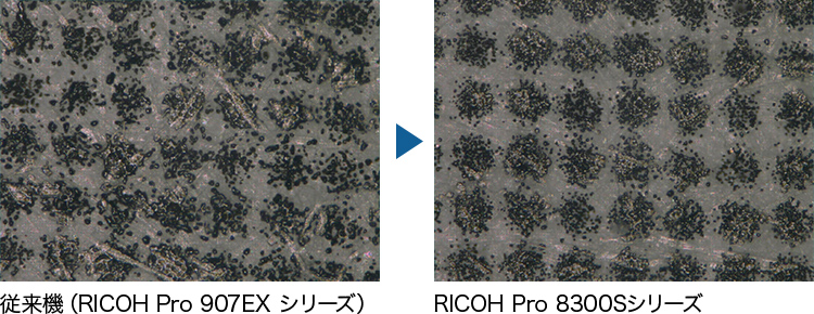 前述の内容を表した画像、従来機RICOH Pro 907EXシリーズとRICOH Pro 8300Sシリーズの違い