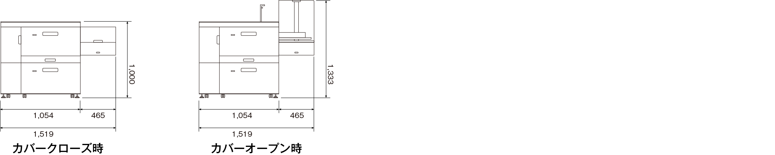 画像：A3LCT長尺用紙拡張キット XL タイプS14装着時&emsp;エアピック式A3LCT RT5150 外形寸法