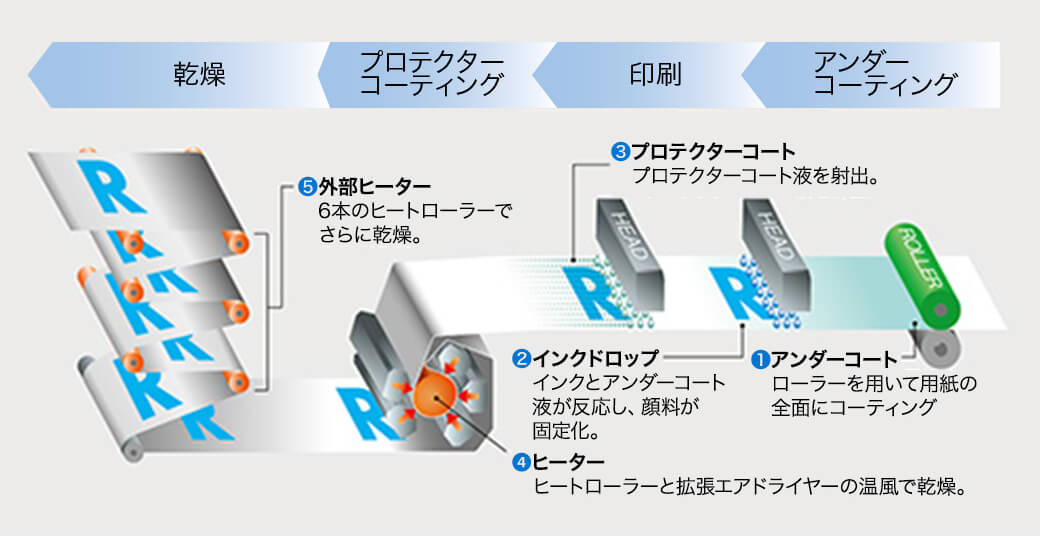 アンダーコーティング、印刷、プロテクターコーティング、乾燥の工程を説明します。アンダーコートではローラーを用いて用紙の全面にコーティング。インクドロップ時にはインクとアンダーコート液が反応し、顔料が固定化。プロテクターコート液を射出。ヒートローラーと、拡張エアドライヤーの温風で乾燥。6本のヒートローラーで構成される外部ヒーターでさらに乾燥。