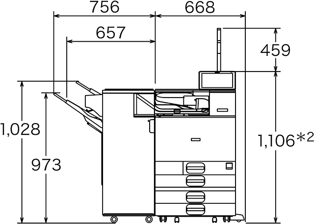 オプション（1000枚給紙テーブル C840 排紙中継ユニット C840 3000枚フィニッシャー C840 オペレーターコールライト タイプP11）装着時 前面図