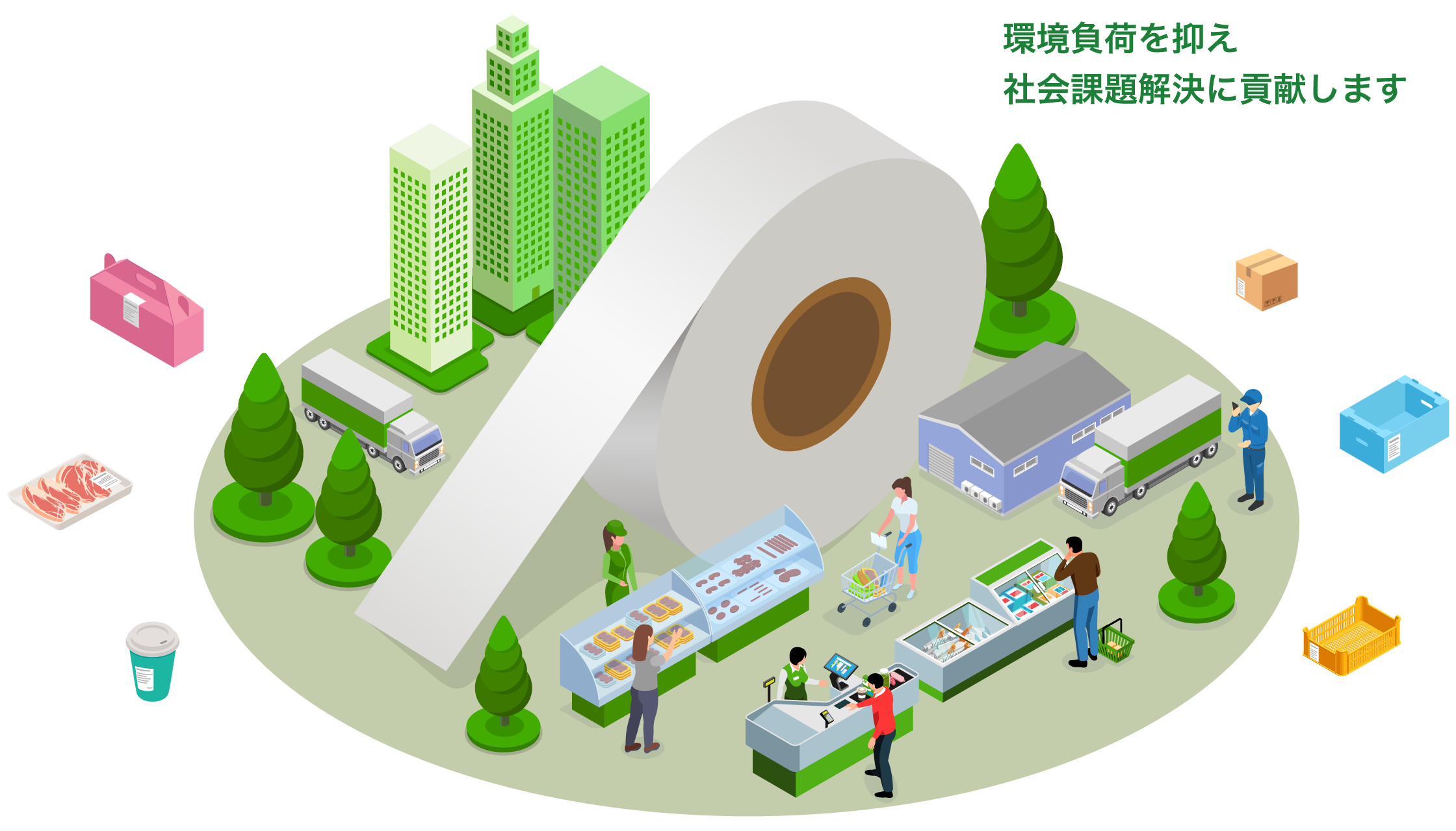 ライナーレスラベルが環境負荷を抑え社会課題解決に貢献する様子を描いた図
