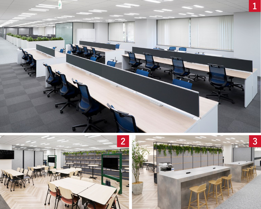 前述の1、2、3の内容が写されたオフィス内の風景写真